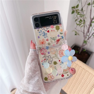 เคสโทรศัพท์มือถือแบบพลาสติกแข็ง ใส ลายดอกไม้ หมีน่ารัก พร้อมสายคล้องมือ สําหรับ Samsung Galaxy Z Flip 4 Z Flip 3 4 5G