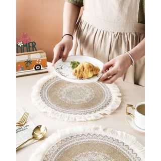 ที่รองจาน ลายแมนดาลา ผ้าลินิน ตกแต่งพู่คอตตอน Tassel Trim Mandala Pattern Placemat