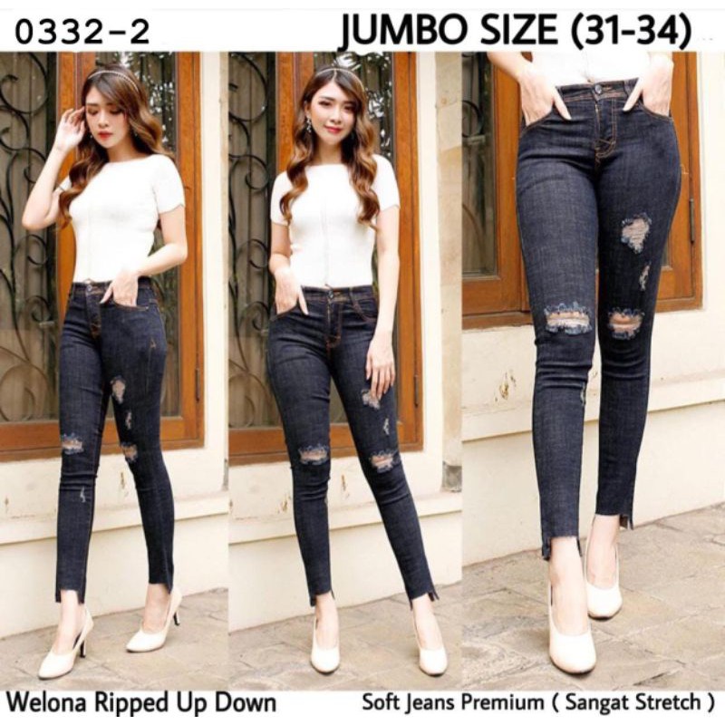 Women& 39;S LONG JEANS/WELENA JUMBO RIPPED UP DOWN JEANS/PREMIUM SOFT STRETCH JEANS/CURENT WOMEN& 39