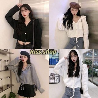 Kiss.shop🌟พร้อมส่ง🌟เสื้อครอปฮูกแขนยาว ใส่สบายเนื้อผ้าเบาสบาย(318)