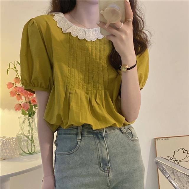 เสื้อเชิ้ตสตรีฤดูร้อนปี 2022 ใหม่ฝรั่งเศสเฉพาะแขนพัฟสวมเสื้อแขนสั้น ...