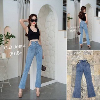 G.D.Jeans รุ่น 90185#กางเกงยีนส์แฟชั่นขายาวผ้ายืดทรงขาม้าแต่งลูกโซ่สีทองข้างขอบเอวแบบเก๋ๆ