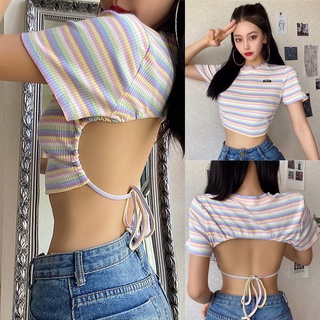 Cropped Navel Top, เสื้อยืดแขนสั้นเปิดหลังเซ็กซี่, Striped Top Summer Womens Clothing