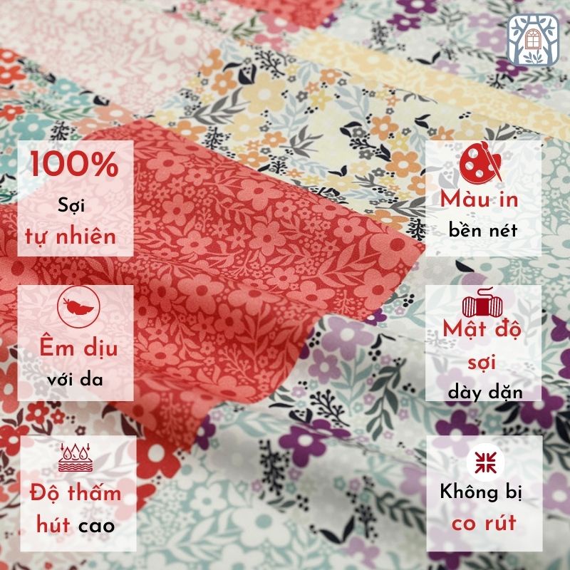 CS21-259 Chuanshui ผ้าคอตตอนธรรมชาติ 100% ขนาดผ้า 145 ซม. x 85.5 ซม. ลายควิลท์ลายดอกไม้สีสันสดใส