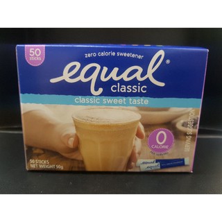 Equal Classic 50 Sticks อิควล คลาสสิค ผลิตภัณฑ์ให้ความหวานแทนน้ำตาล 1 กล่อง มี 50 ซอง