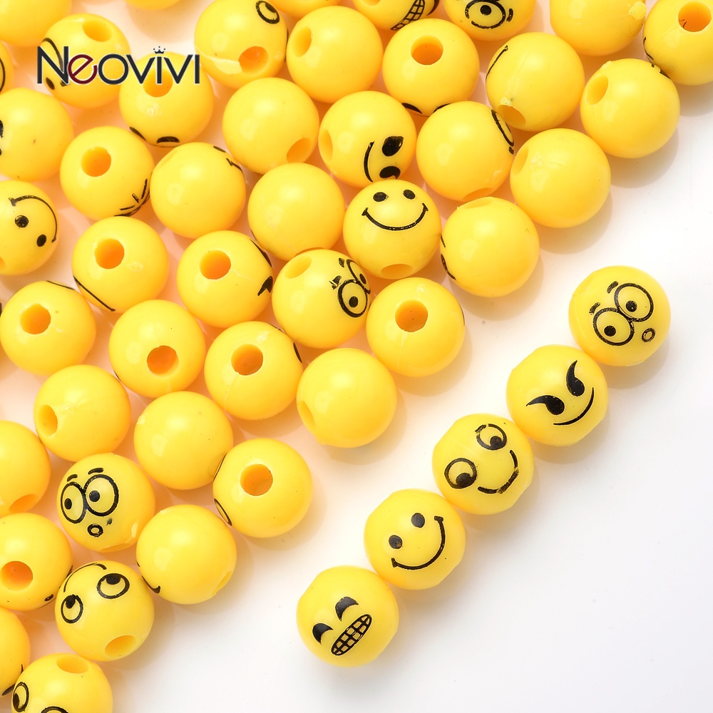 50pcs 10mm Expression ลูกปัดอะคริลิคสีเหลืองยิ้มรอบ Spacer ลูกปัดสำหรับเครื่องประดับทำสร้อยข้อมือ DIY อุปกรณ์เสริม