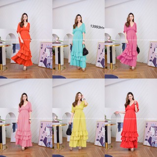 J13993 Maxi Dress แม็กซี่เดรส แขนดอลลี่ ชายระบาย 3 ชั้น
