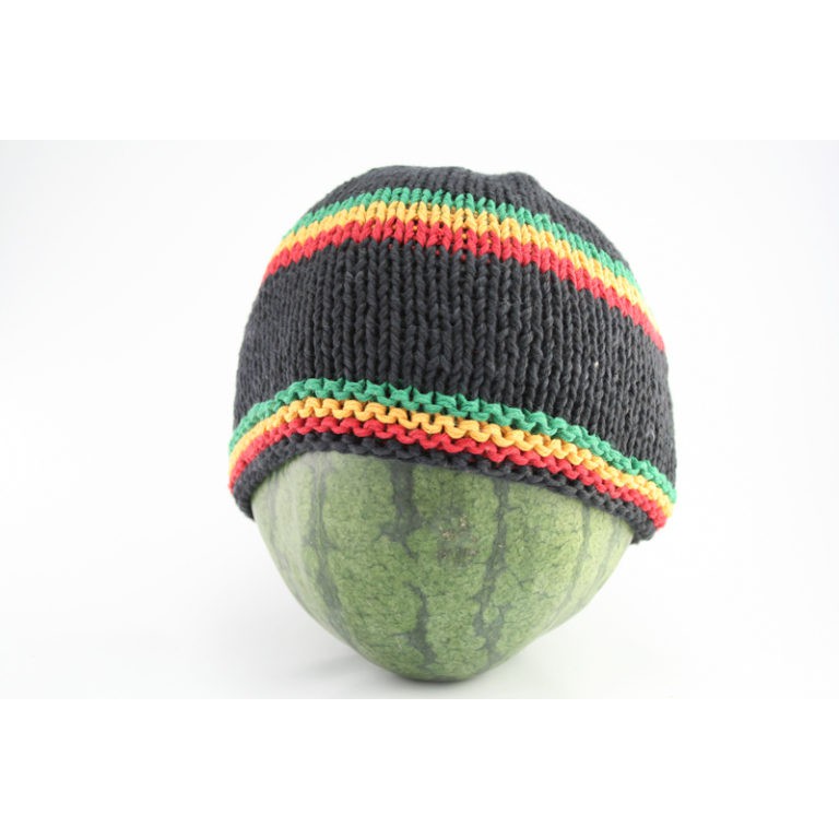 สินค้าราสต้า Beanie Black Short Forehead and Middle Stripes Green Yellow Red หมวกถักราสต้าสีดำแบบสั้
