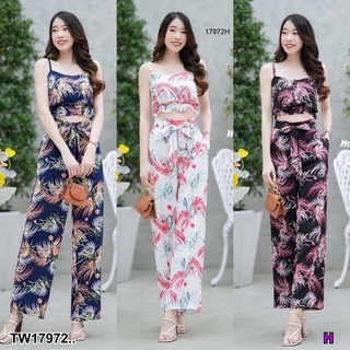 MM17972 Set 2 ชิ้น เสื้อครอปสายเดี่ยวลายใบไม้ + กางเกงขายาว ผูกโบว์เอว ลายใบไม้ .Set of 2 pieces, single-breasted crop t