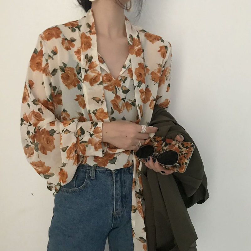 เสื้อเชิ้ตชีฟองลายดอกกุหลาบวินเทจ เสื้อสีเหลืองเกาหลีแขนยาวผู้หญิง