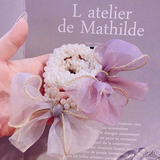 E13 ยางรัดผมไข่มุกหางโบว์ มีหลายสีให้เลือก ยางมัดผมมุกหางโบว์ ยางยืดรัดผม
