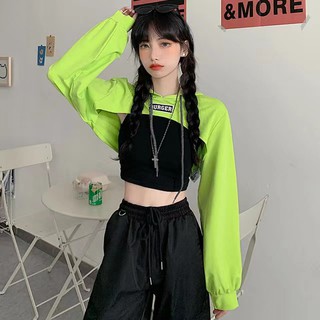 เสื้อครึ่งตัวสีเขียสสดสาวสายเต้นเสื้อแขนยาวเสื้อยืด