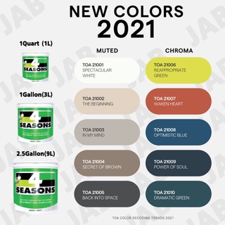 สี TOA 4SEASON NEW COLORS 2021 ขนาด 1Gallon (3L) สำหรับภายใน สีน้ำอะคริลิกแท้ 100% คุณภาพสูง ฟิล์มยึดเกาะดีเยี่ยม