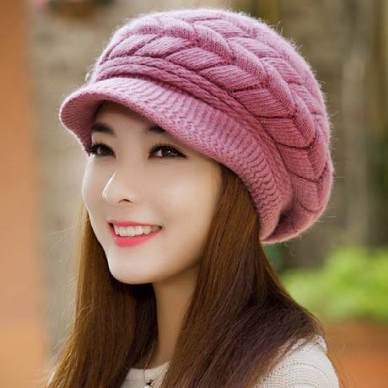 หมวกไหมพรมผสมขนวูล บุขน สไตล์เกาหลี