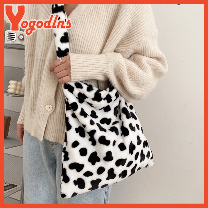 Yogodlns กระเป๋าสะพายตุ๊กตาลายวัว Women Soft Warm Large Capcity Tote Bag