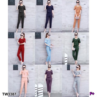 3387 Set เสื้อแต่งดีเทลทำระบายช่วงหน้าอก กับ กางเกงขายาว