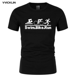 เสื้อยืดโอเวอร์ไซส์เสื้อยืดคอกลม แขนสั้น ผ้าฝ้าย พิมพ์ลาย Triathlon Swim Bike Run พลัสไซซ์ เหมาะกับของขวัญวันเกิด แฟชั่น