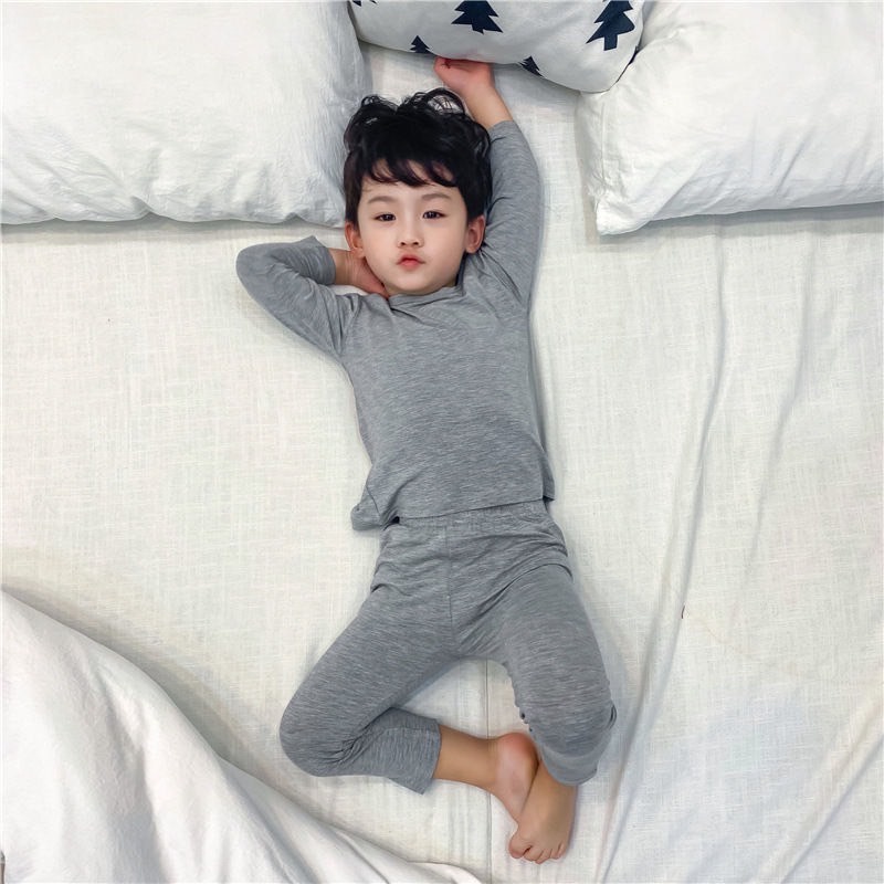 Mimi พร้อมส่งในไทย ชุดนอนเด็ก สีพื้น เสื้อแขนยาว + กางเกงขายาว ผ้านิ่มมาก ใส่สบาย (166)