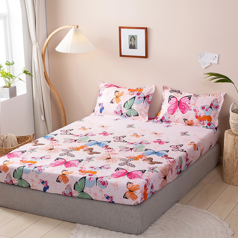 Pink Butterfly Printed Fitted Sheet 3pcs Bed Sheet With Pillowcases ...