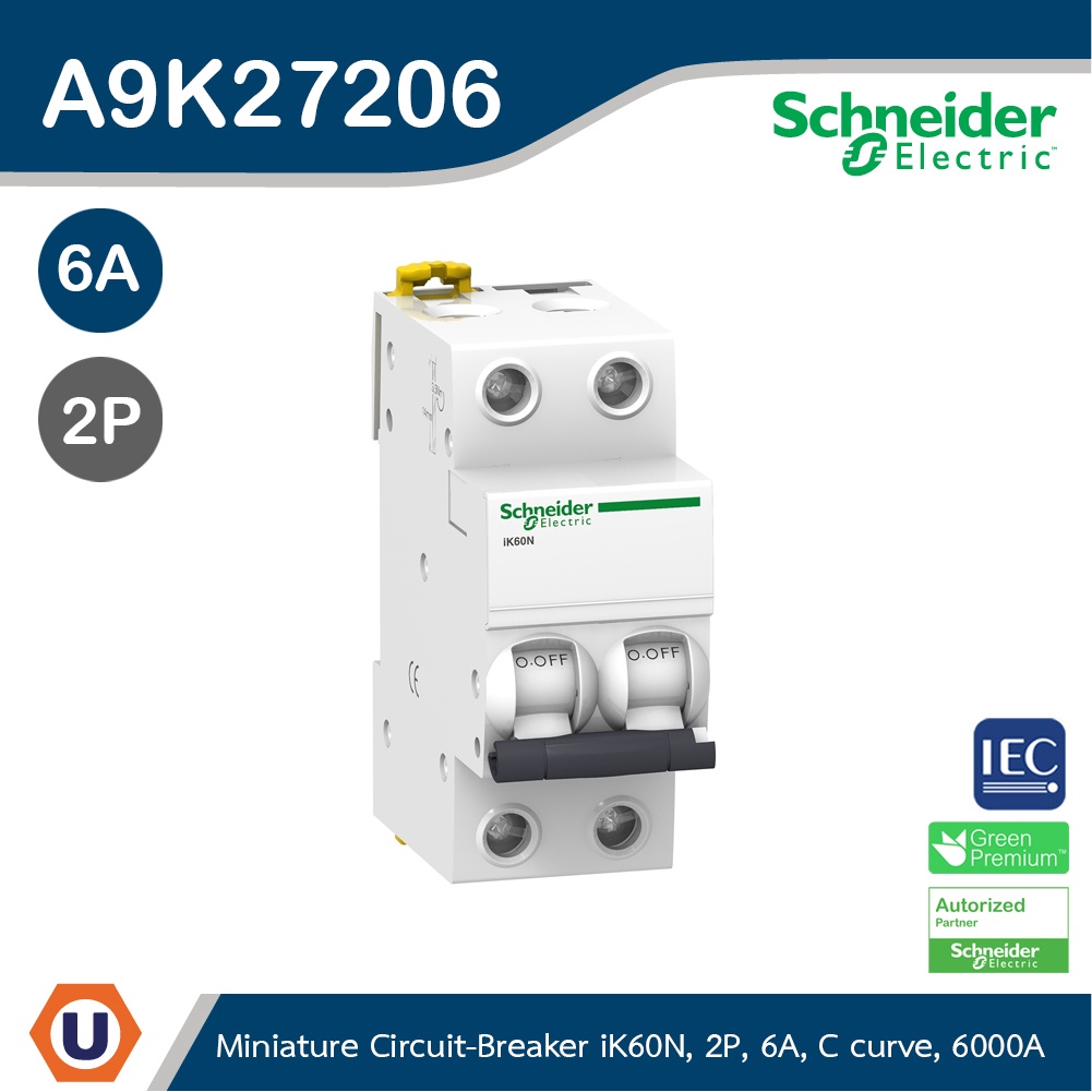 Schneider Electric - Miniature Circuit-Breaker, Acti9 iK60N, 2P, 6A, C Curve, 6000A (IEC 60898-1) รห