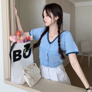 Ey_shop688#พร้อมส่ง✨A106/AC.E#เสื้อแฟชั่นคอวีแขนสั้น #เสื้อผ้าไหมพรมกระดุมหน้า5เม็ด✨