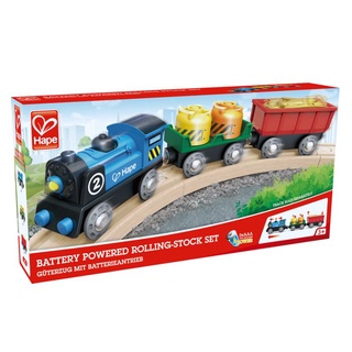 รถไฟของเล่น 3 ชิ้น มีไฟ ใช้ถ่าน เดินหน้าถอยหลังได้แบรนด์ Hape รุ่น Battery Powered Rolling-stock Set