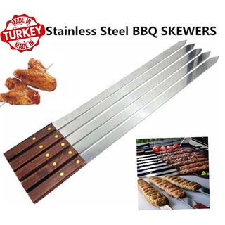 สแตนเลสสำหรับทำ บาบีคิว เคบับ / Stainless Steel Wide BBQ Skewers Long Wood Handle Barbecue Fork Stick Shish Kebab Grill