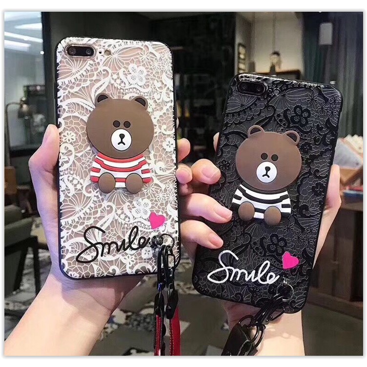 Samsung J5 J7 Prime Smile Bear Lace Designer Case ฟรีเชือกเส้นเล็กการ์ตูนน่ารัก