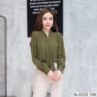 Vertier  No.81032 เสื้อแขนยาวสีพื้น Solid Long Sleeve Blouse เนื้อผ้าpolyester