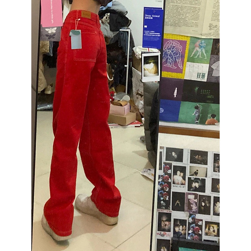S-2XL กางเกงยีนส์สีแดงผู้หญิงกางเกงเกาหลีรุ่นแนวโน้มเอวสูงสบายๆทุกการแข่งขันตรงกางเกงขากว้างผู้หญิง ins น้ำ