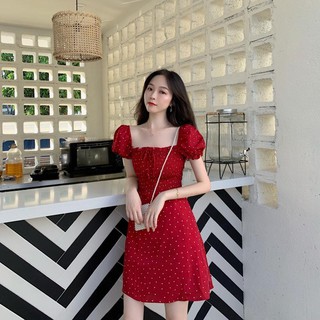 เตรียมการจัดส่ง👗พลัสขนาดชุดเดรสสีแดงลายจุดพิมพ์ฝรั่งเศสย้อนยุคคอสี่เหลี่ยมเอวบางเอวหญิงกระโปรงทรงเอแขนพัฟมินิกระโปรง