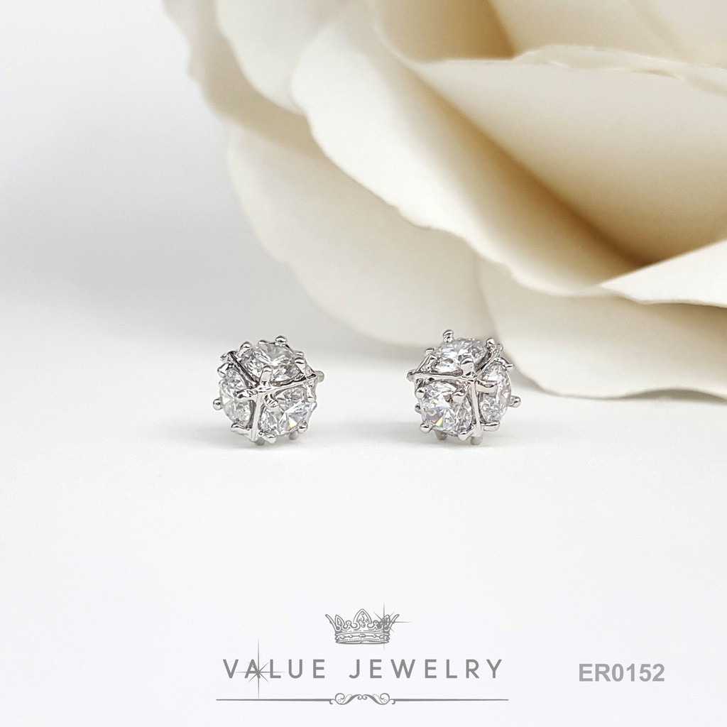 ต่างหูแป้น ฝังคริสตัลแท้ ทรงกลม รอบตัว ขนาดเล็ก ตุ้มหู เครื่องประดับ ER0152 ValueJewelry