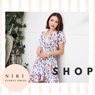 NIKI mini dress เดรสระบายปลาย ลายดอกไม้สีแดง