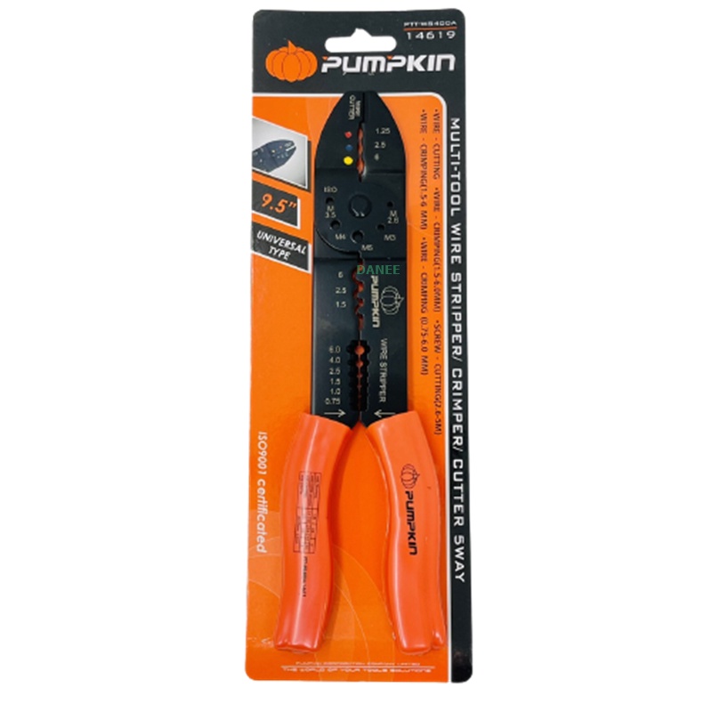 คีมปอก คีมตัด คีมย้ำหางปลา 9.5นิ้ว PUMPKIN 14619 คีมย้ำสายไฟ คีมปอกสายไฟ คีม5ทาง PUMPKIN คีม คีมปอก 