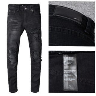 38 พร้อมส่ง ขายดีไฮเอน​ AMIRI  MX1 CLASSIC JEAN classic patched leather jeans