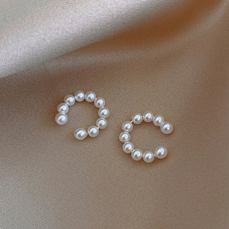พร้อมส่ง ต่างหูแบบหนีบ รูปตัว C ประดับมุก สไตล์เกาหลี