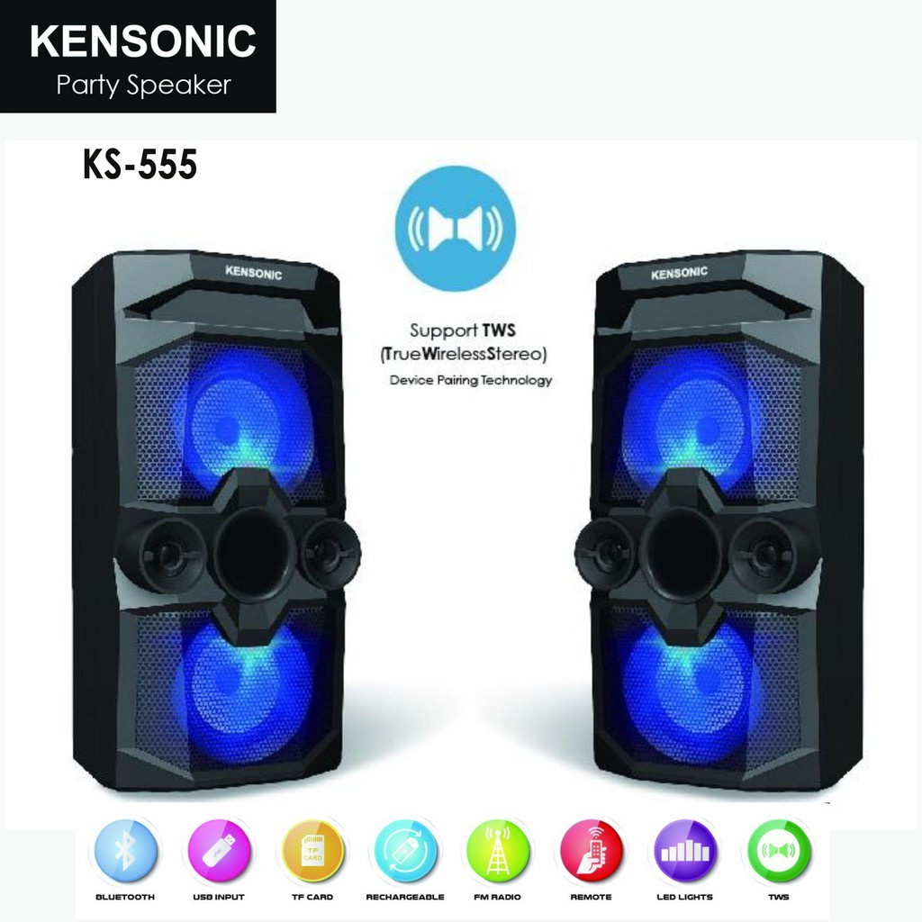 KENSONIC KS-555 ลำโพงคู่ขนาด 8 นิ้ว 36 WATTS RMS USB / SD / FM / BLUETOOTH V.5 / AUX แถมไมค์ลอยคลื่น