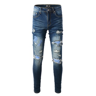 36 พร้อมส่งAMIRI dark blue embroidered letters personality hole patch slim skinny jeans