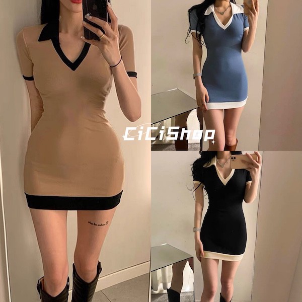 Cicishop(SALE/สุ่มสี 2520)เดรสคอวีมีปกสีทูโทนแขนสั้น เนื้อผ้าไหมพรมยืดรัดรูปใส่สบาย