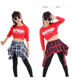 ชุดเต้น ชุดแดนซ์ เสื้อ Hiphop สีแดง+เลกกิ้งกระโปรงลายสก๊อต