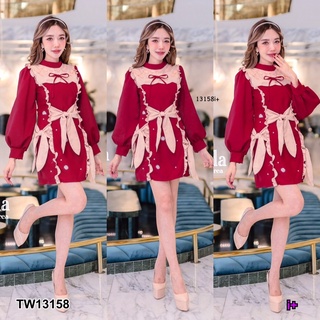 13158 Dress เดรสกี่เพ้าแขนยาวไหล่ระบาย แต่งโบว์รอบ Cheongsam dress, long sleeves, ruffled shoulders, bow detail