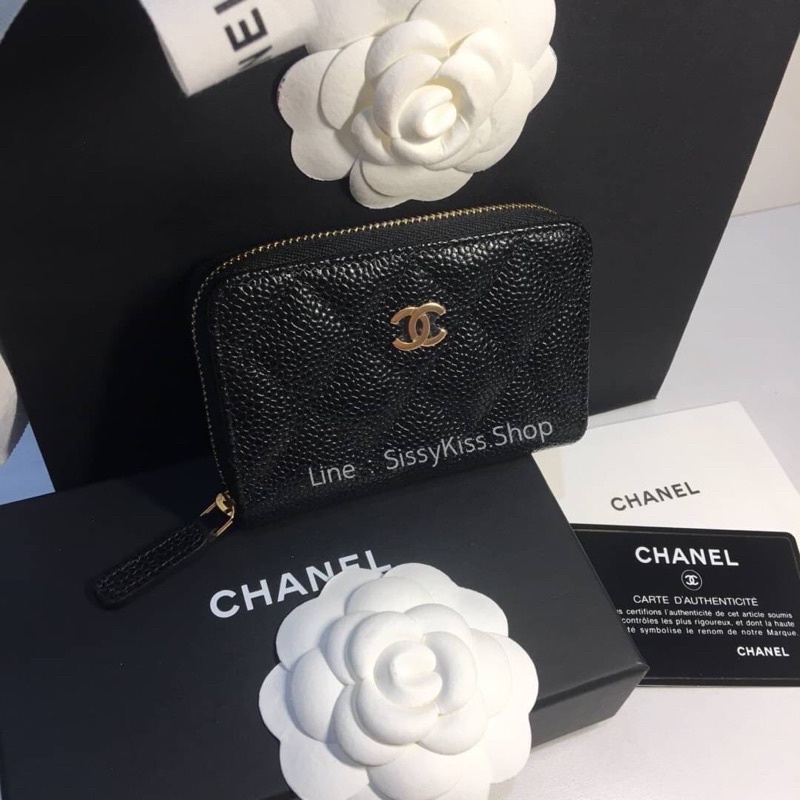 New Chanel mini zippy card holder black Caviar light GHW