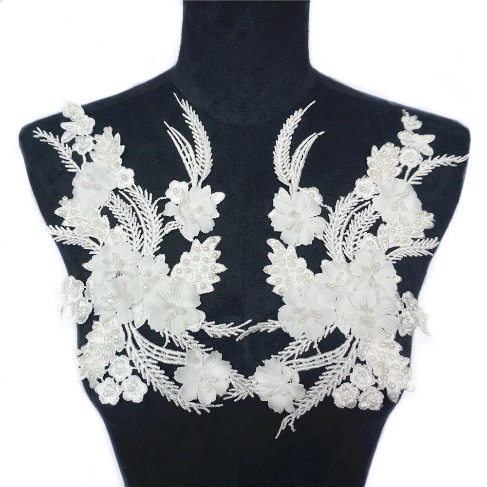 2 สีขาวปักดอกไม้มุก Applique ลูกไม้ดอกไม้ผ้าชุดแต่งงานชุดตกแต่งงานฝีมือ DIY