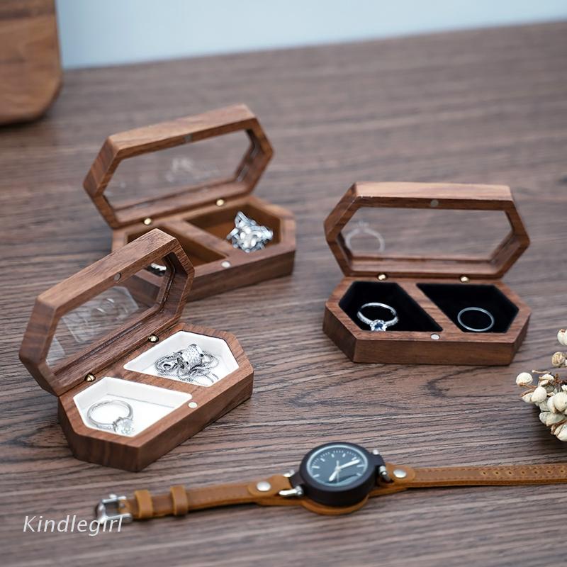 KING Walnut Wood Mini Jewelry Organizer Box Engagement Ring Box Travel Case for Women