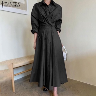 ZANZEA Women Korea Style Elegant Daily Long Sleeve Turn-Down-Collar Solid Color Maxi Dress