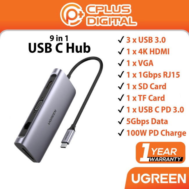 UGreen 9-in-1 HDMI Ethernet USB C Hub USB 3.0 4K HDMI VGA Ethernet Micro SD Card TF Card Reader ประเ
