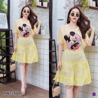 TW12888 Dress เดรส คอกลมแขนสั้น ผ้ายืดจั๊มเอว ต่อระบายกระโปรงคอตตอนมัสลิน สกรีนเรืองแสงลายการ์ตูน ฟรุ๊งฟริ๊งแบ๊วๆ