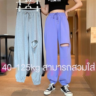 Cicishop(107)เซท 2ชิ้น เสื้อ Crop    กางเกงขายาว แต่งขาดขากางเกง 1 ข้าง เอวยืดสม็อค夏2021新款宽松大码胖mm250斤薄款高腰破洞