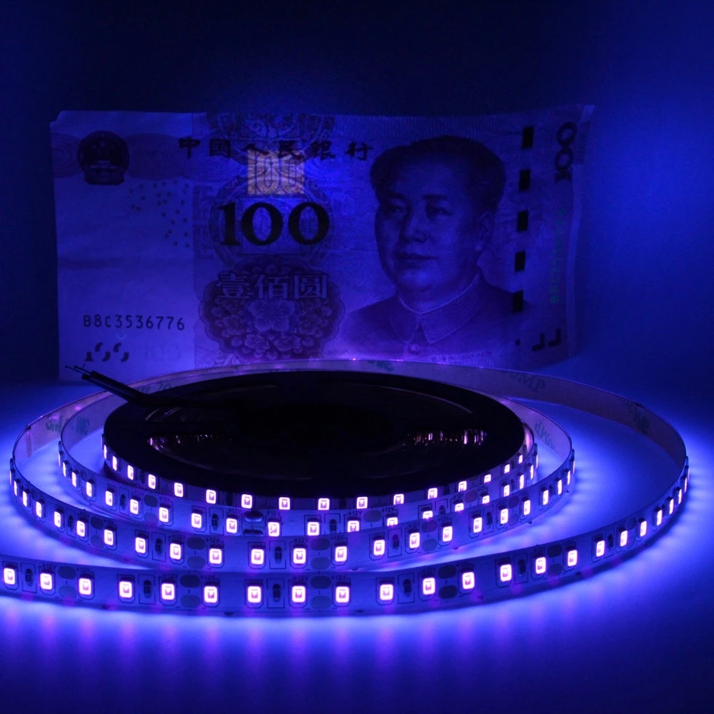 12v UV LED Strip อัลตราไวโอเลต 395-405nm 2835 SMD 60leds 120leds กันน้ํา 2pin สายไฟดําเนินการเทปโคมไฟสําหรับ DJ Fluorescence Party