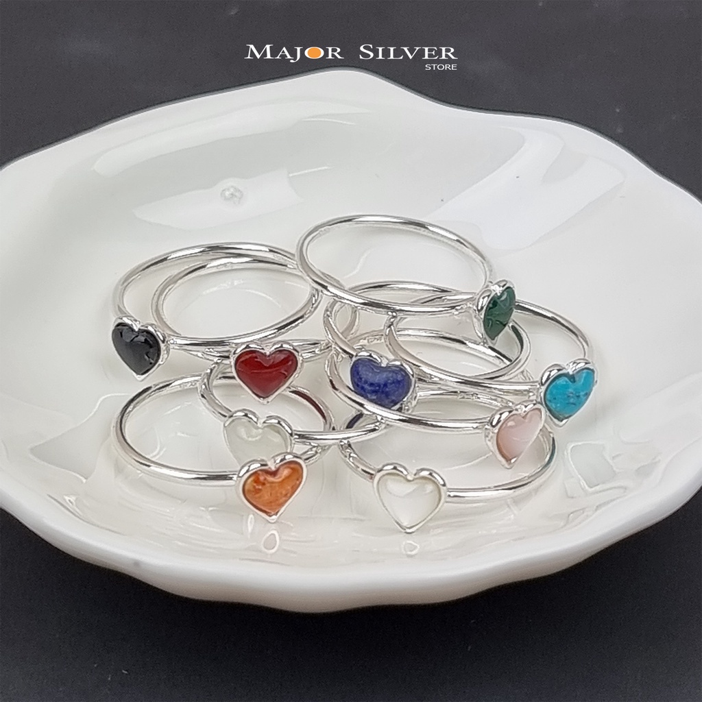 แหวนคู่ ทองปลอม แหวนประจำวันเกิดรูปหัวใจ / ติดหินแท้ นิล มุก ลาพิส เทอควอยซ์ มูนสโตน แหวนเงินแท้ 925 Major silver  :  E-